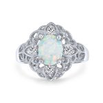 Vintage Style Oval Flower White Created Opal Full Finger Ring .925 Sterling Silver