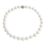 Classic Faux 10MM White Pearl Strand Necklace Crystal Ball Clasp 16 Inch - Image 2