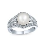 Art Deco Silver Ring Freshwater Pearl Pave Triple Split Band