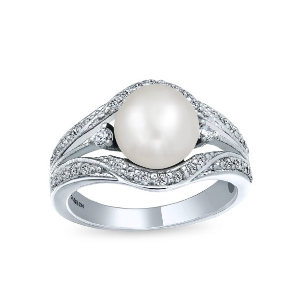 Art Deco Silver Ring Freshwater Pearl Pave Triple Split Band