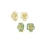 Set of 2 Enamel 3D White Blue Rose Flower Clip-On Earrings Button Style Gold Silver Plated