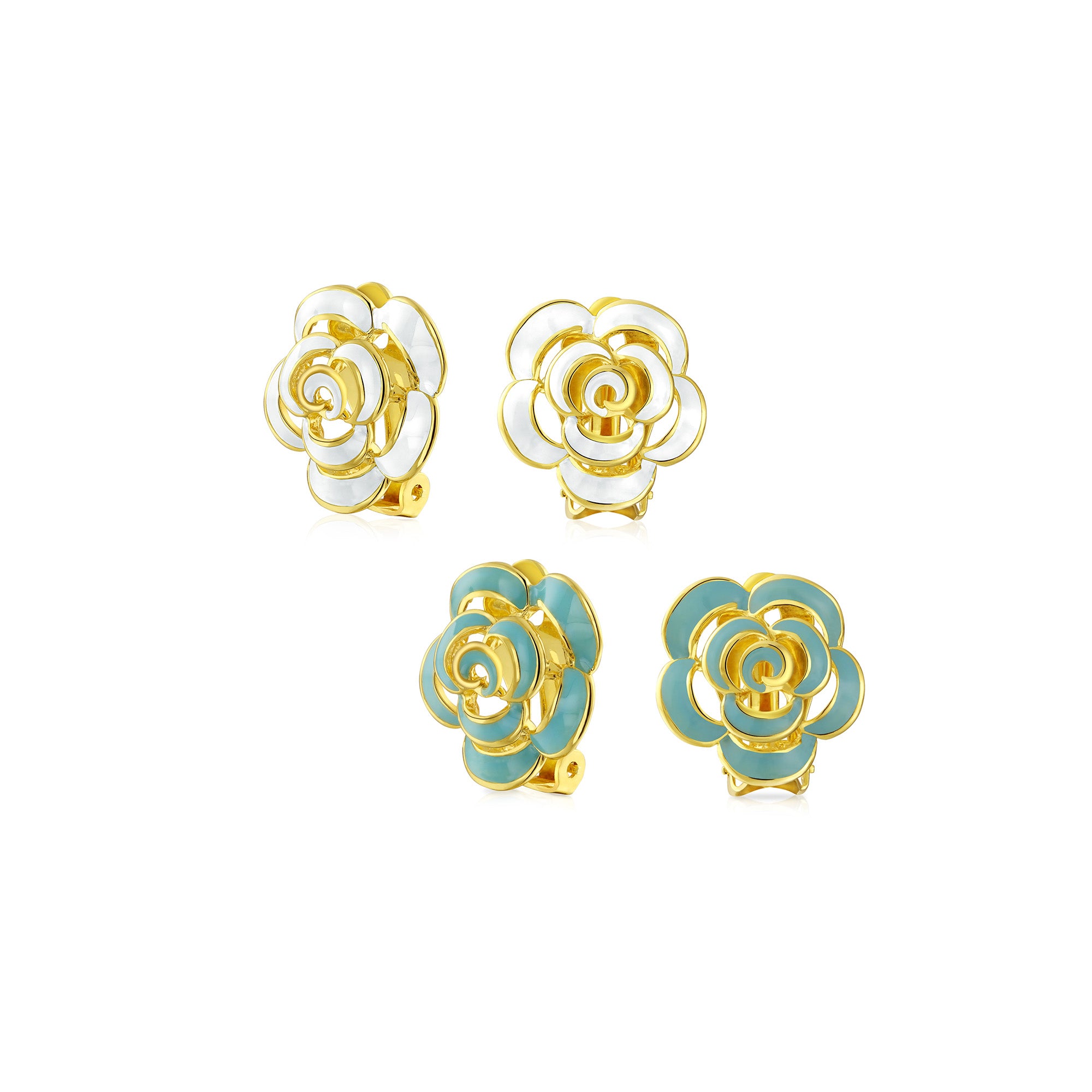 white-rose-earrings-gold-plated_ag-se0201-set-az Set of 2 Enamel 3D White Blue Rose Flower Clip-On Earrings Button Style Gold Silver Plated - Image 1