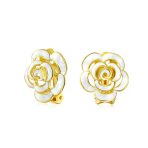 Fashion Enamel 3D White Rose Flower Clip On Earrings Button Style For Non-Pierced Ears Gold Plated - Image 2