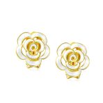 Fashion Enamel 3D White Rose Flower Clip On Earrings Button Style For Non-Pierced Ears Gold Plated - Image 4