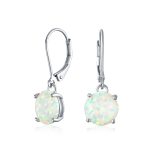 Round Solitaire Created Opal Lever back Drop Dangle Earrings Sterling Silver 8MM