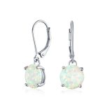 Round Solitaire Created Opal Lever back Drop Dangle Earrings Sterling Silver 8MM
