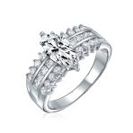 European Style 2.5CT Marquise CZ Solitaire Engagement Ring Triple Row Band .925 Sterling Silver - Image 2
