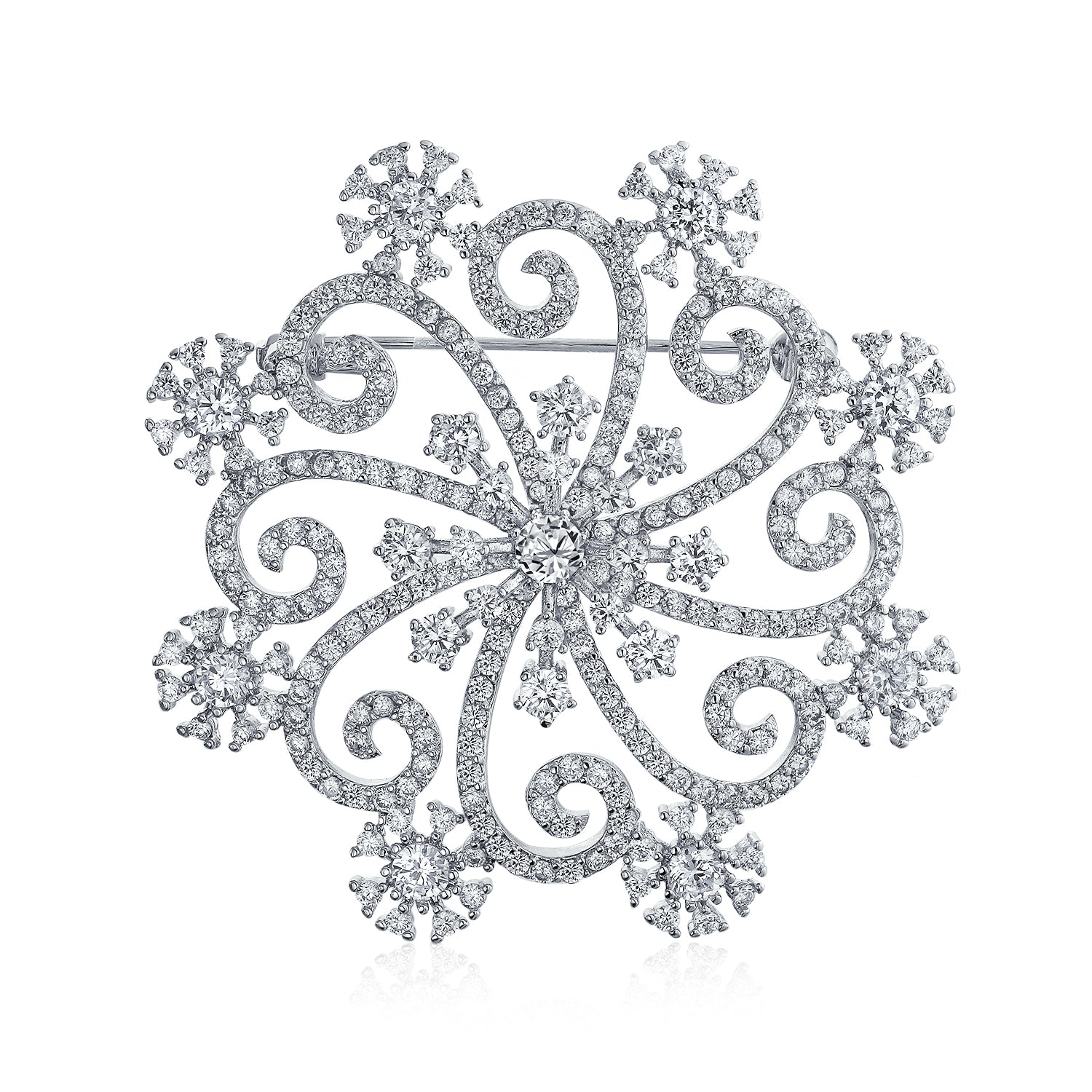 winter-swirl-snowflake-cz-brooch_jg-br00030r-c01-az_1 Large Winter Swirl CZ Snowflake Brooch Pin Silver Plated Brass for Holiday Party - Image 1