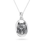 Wolf Pendant Necklace Oval Animal Totem Amulet Of Strength Oxidized .925 Sterling Silver