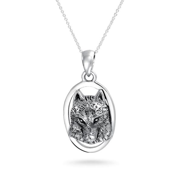 Wolf Pendant Necklace Oval Animal Totem Amulet Of Strength Oxidized .925 Sterling Silver