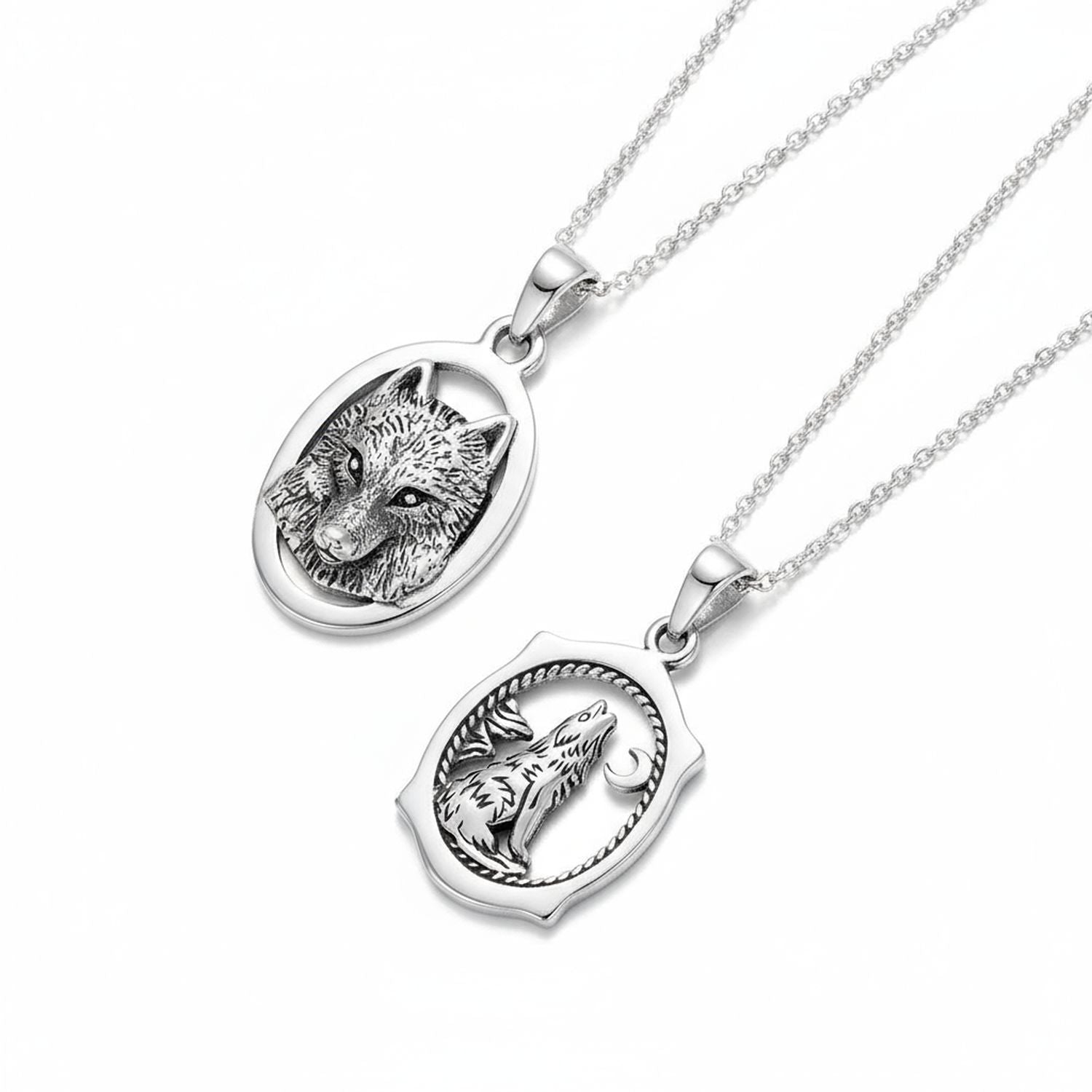 wolf-howling-animal-pendant-silver-necklace_ps-tpd3989-set-az Set of 2 Werewolf Wicca Totem Moon Stars Oval Pendant Necklace Oxidized Silver - Image 1