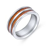 Titanium Wedding Band Ring Double Row Koa Wood Inlay and Silver Tone Comfort Fit
