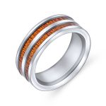 Titanium Wedding Band Ring Double Row Koa Wood Inlay and Silver Tone Comfort Fit