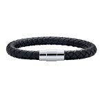 Unisex Black Woven Leather Cuff Bracelet with Stainless Barrel Clasp for Men