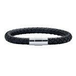 Unisex Black Woven Leather Cuff Bracelet with Stainless Barrel Clasp for Men