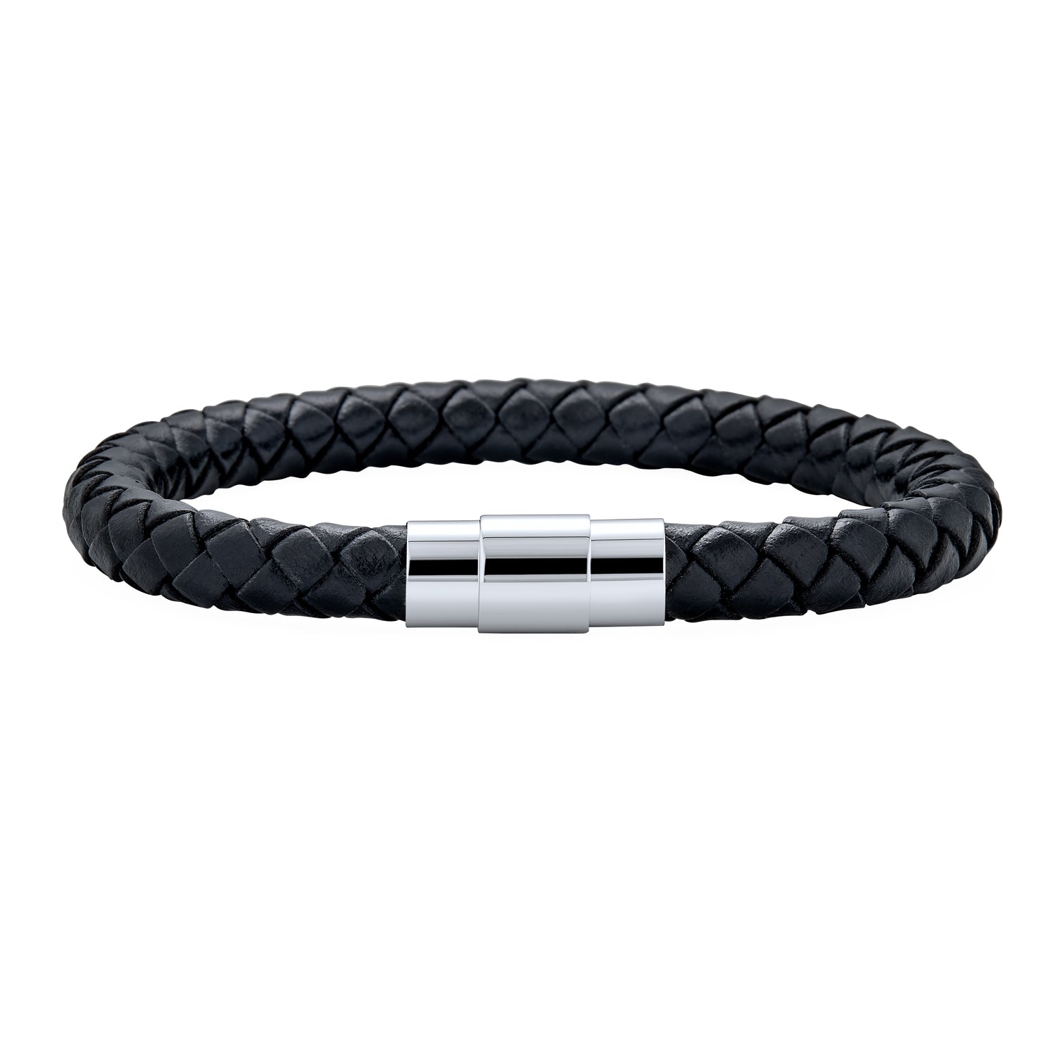 woven-clasp-8mm-black-braided-leather-cord-bracelet_1 Unisex Black Woven Leather Cuff Bracelet with Stainless Barrel Clasp for Men - Image 1
