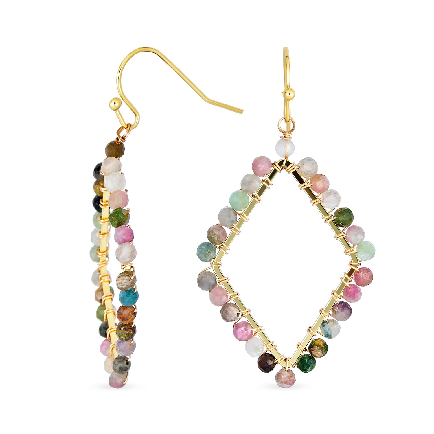 wrap-hook-multi-color-dangle-earring-cb-82169 Wire Wrap Multi Color Natural Stone Diamond Shape Dangle Earrings Gold Plated - Image 1