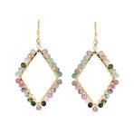 Wire Wrap Multi Color Natural Stone Diamond Shape Dangle Earrings Gold Plated - Image 2