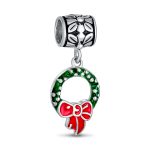 Green Wreath Christmas Charm Bead with Red Bow Enamel Silver for Bracelets