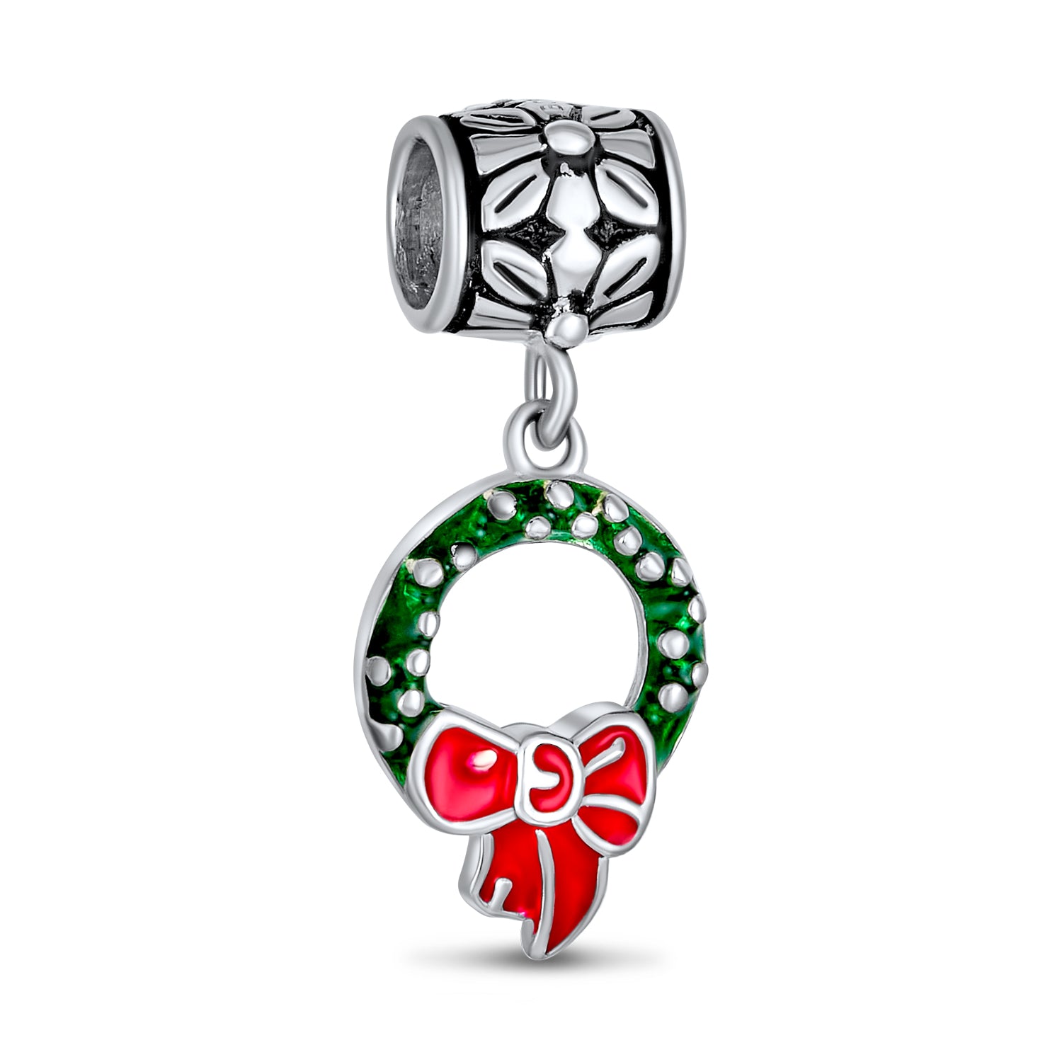 wreath-bead-christmas-charm-pandora-holiday_pbx-hsd-159_1_fabf15fd-eeb1-472e-a1f1-0948af7fcb6e Green Wreath Christmas Charm Bead with Red Bow Enamel Silver for Bracelets - Image 1