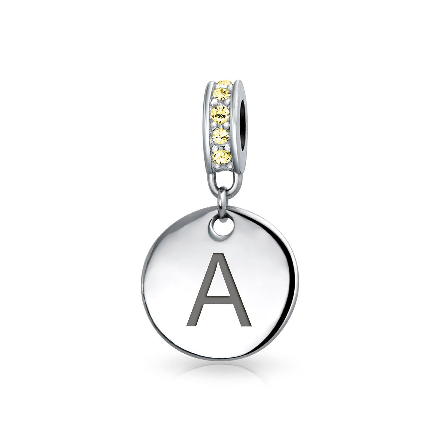 yellow-charm-silver-tag-bracelet-alphabet-pbx-hsd-270-yel-a Initial Alphabet Bead Charm Yellow Crystal Accent Dangle for European Bracelet - Image 1