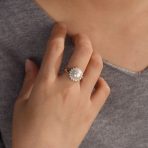 Classic White Faux Pearl Cocktail Ring CZ Halo Solitaire White .925 Sterling Silver - Image 3