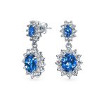 Bridal Blue CZ Oval Crown Halo Tennis Bracelet & Drop Earrings Set Silver Plated - Image 5