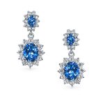 Bridal Blue CZ Oval Crown Halo Tennis Bracelet & Drop Earrings Set Silver Plated - Image 6
