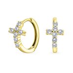 Religious Cubic Zirconia CZ Cross Huggies Mini Hoop Earrings .925 Sterling Silver - Image 2